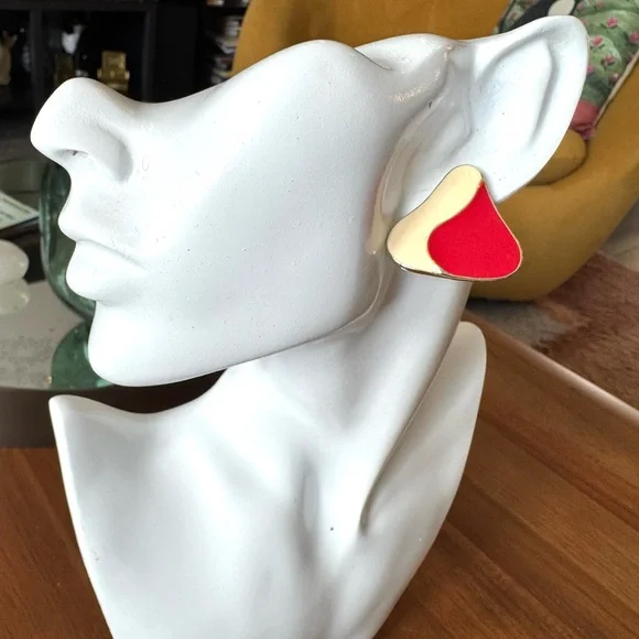 Vintage Red and Cream Enamel Metal Earrings - Picture 2 of 6